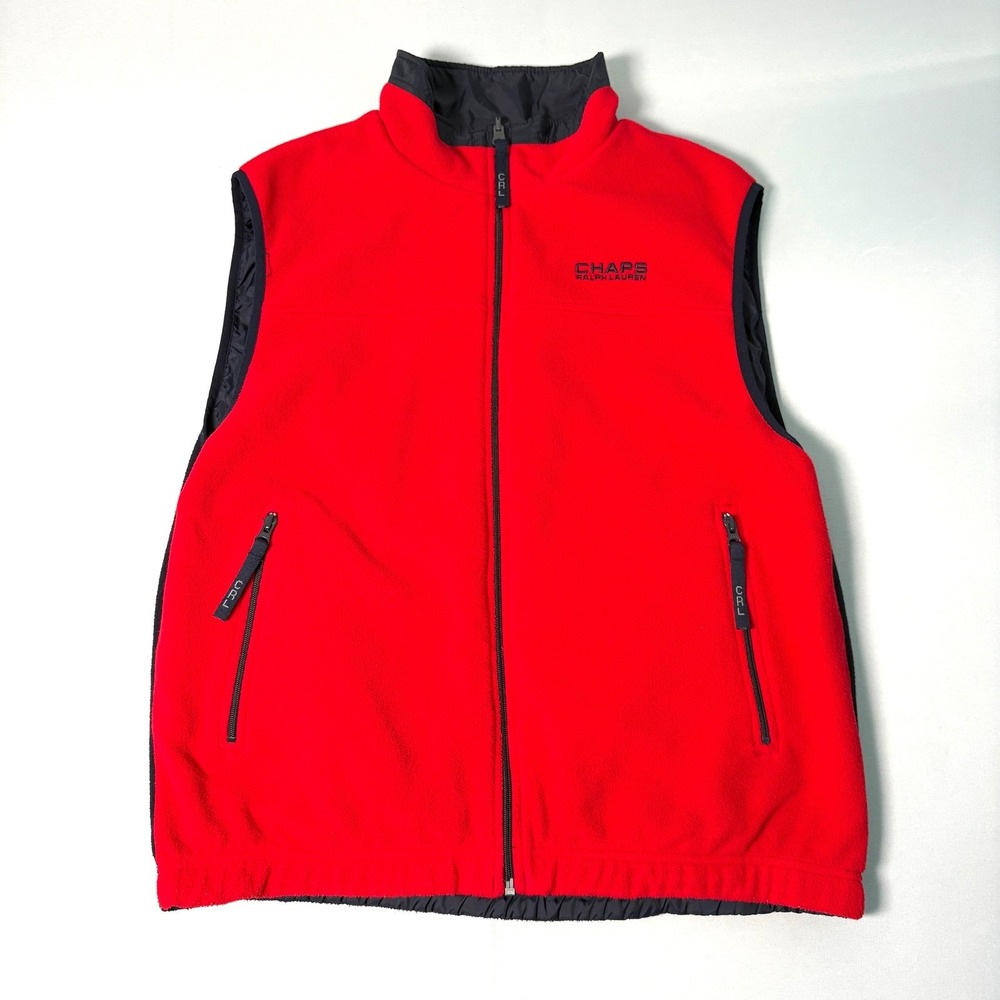 Chaps Ralph Lauren Reversible Vest Mens Red Fleece Navy Blue Nylon Full Zip L